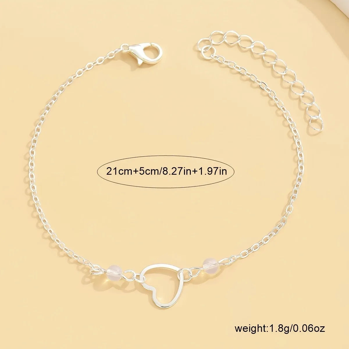 Adjustable heart pendant anklet in gold or silver with geometric design