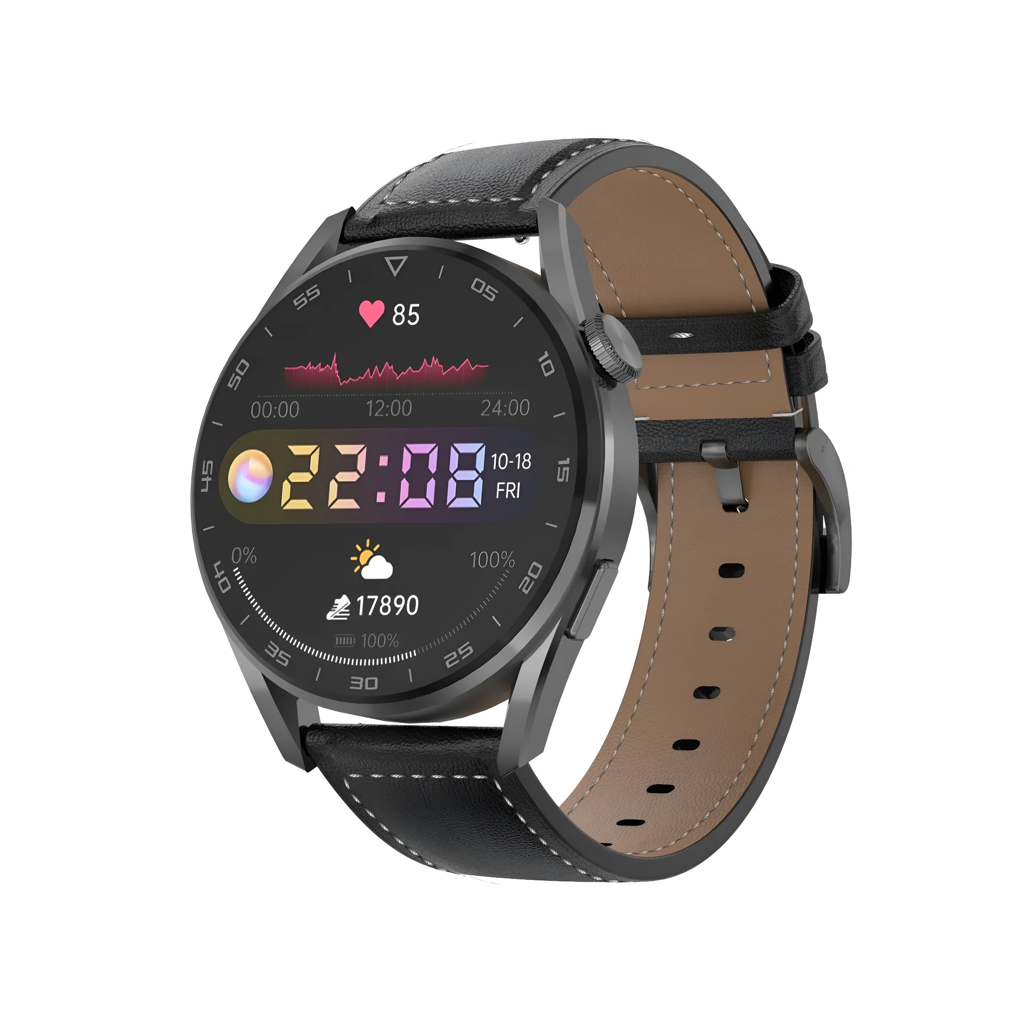 Black smart watch with Bluetooth calling and QR code scan function on a leather strap