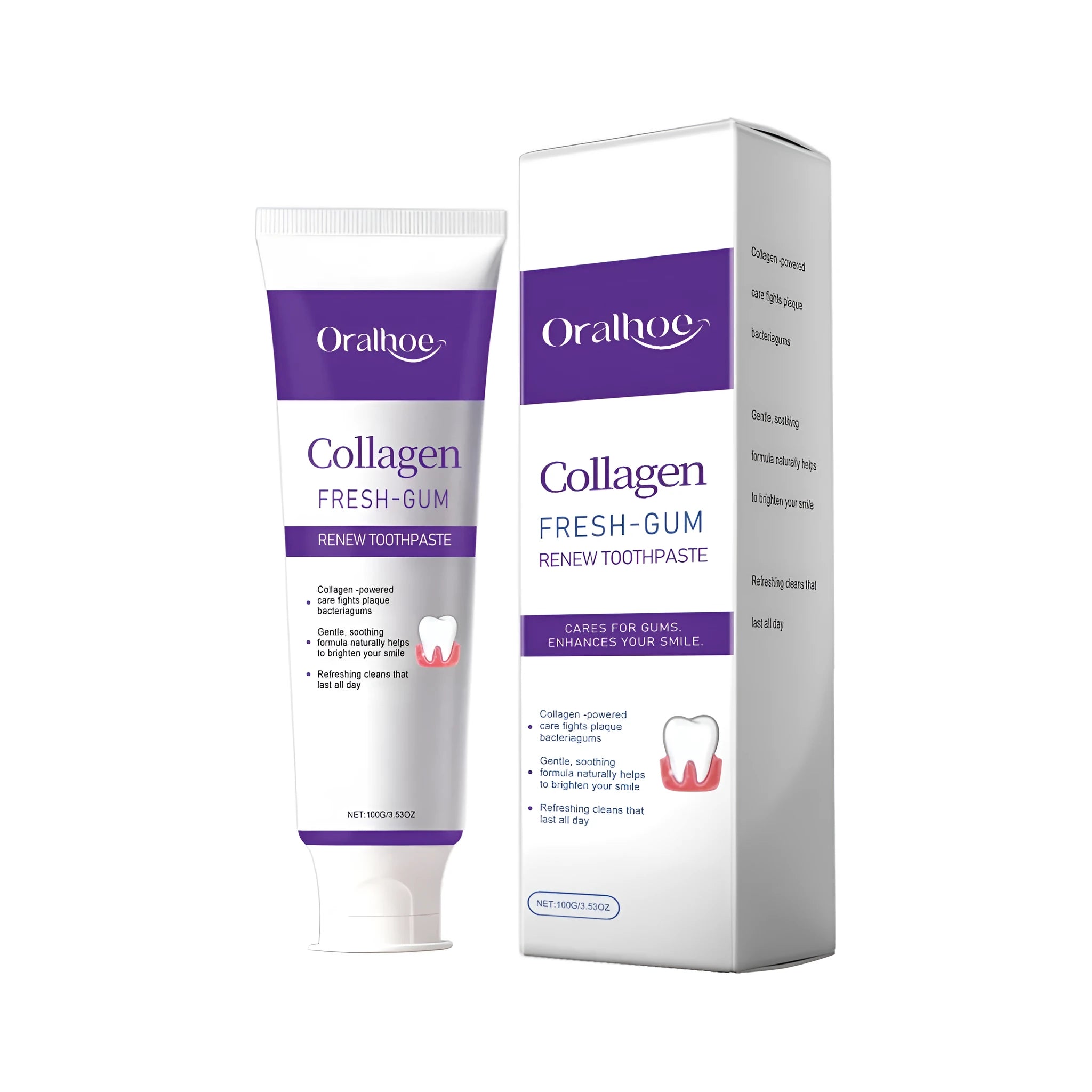 Collagen Purple Toothpaste 100g tube with purple paste on a toothbrush