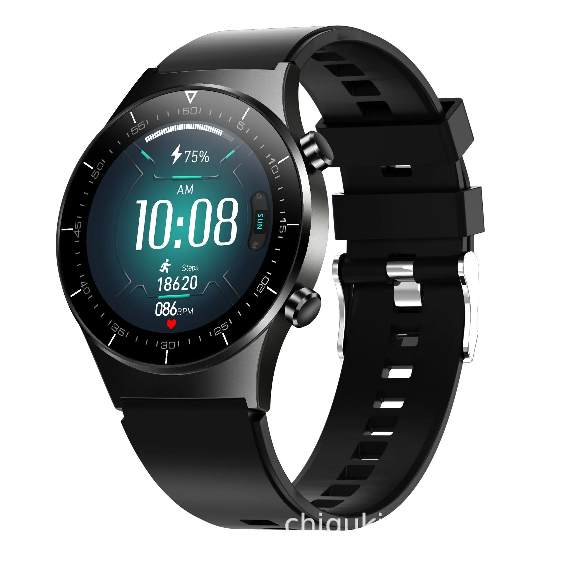 Black smart watch with 1.28-inch touch screen displaying heart rate and fitness data on wrist