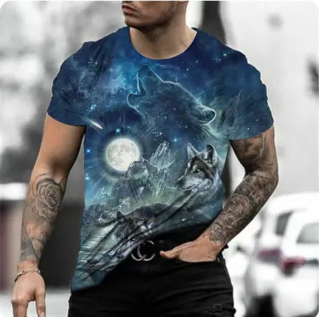Retro 3D animal print design on a men's light grey short-sleeved T-shirt.