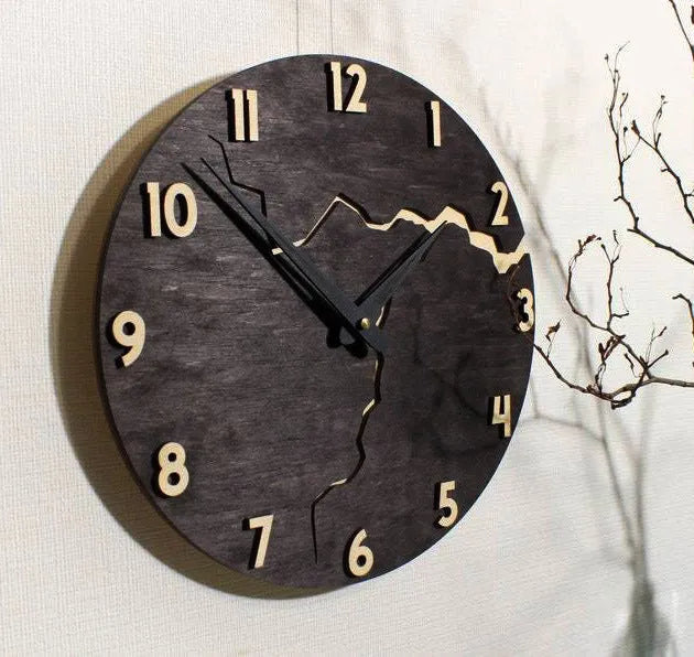 Modern wooden wall clock with crack design pattern in five colour options