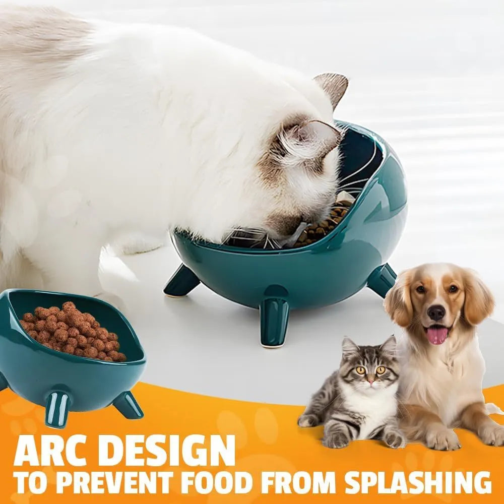 Green four-legged ceramic cat food bowl with elevated base and wide mouth design