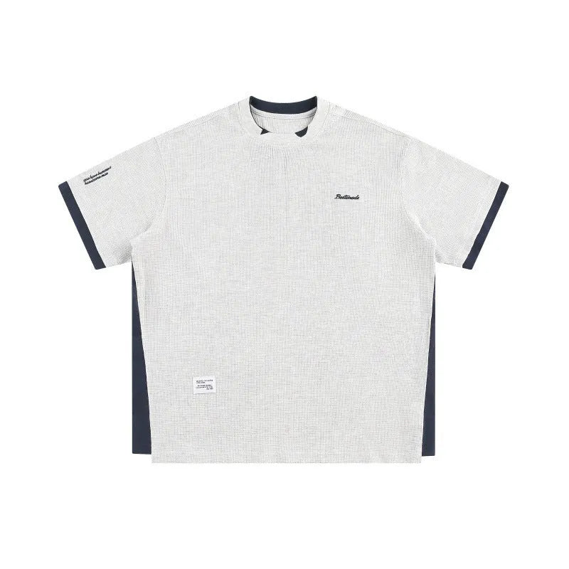 Retro alphabet embroidered loose waffle short-sleeved t-shirt in navy blue, white grey, and yellow colours