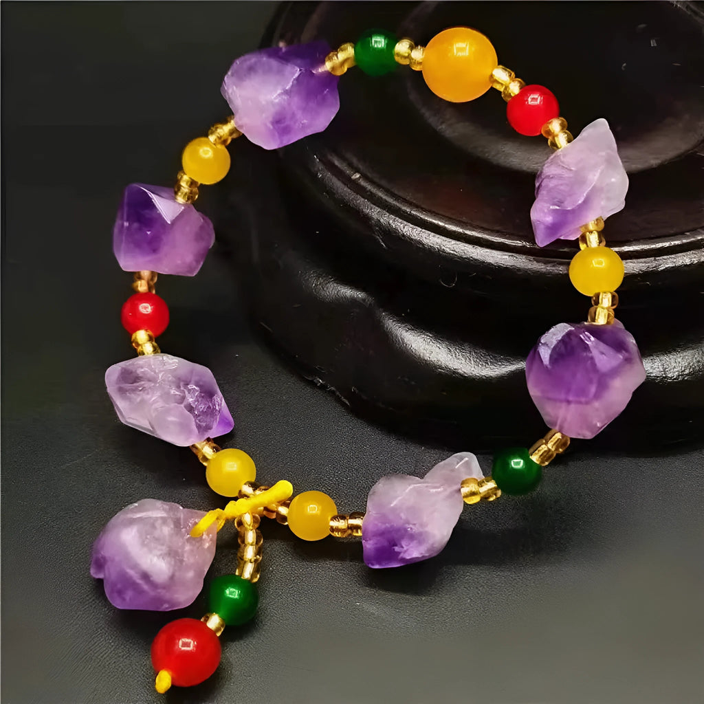 Natural shaped amethyst bracelet with fu character charm for women's jewellery