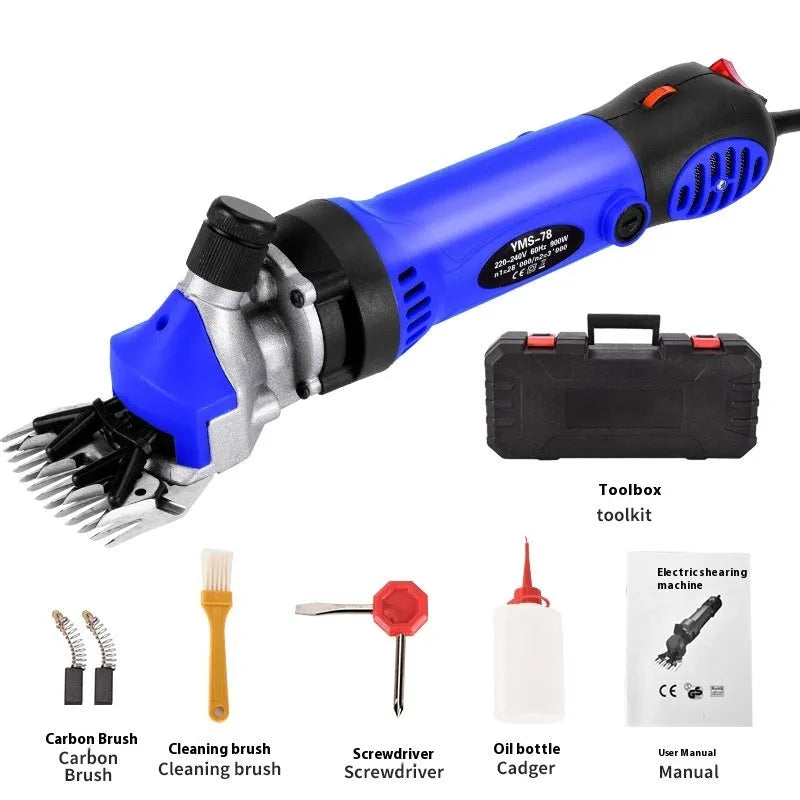 Yellow electric wool shearing plug-in unit with multiple cutting comb sets and maintenance accessories