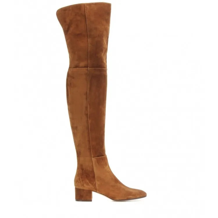Women's grey suede over-the-knee flat boots with pointed toes and low thick heel