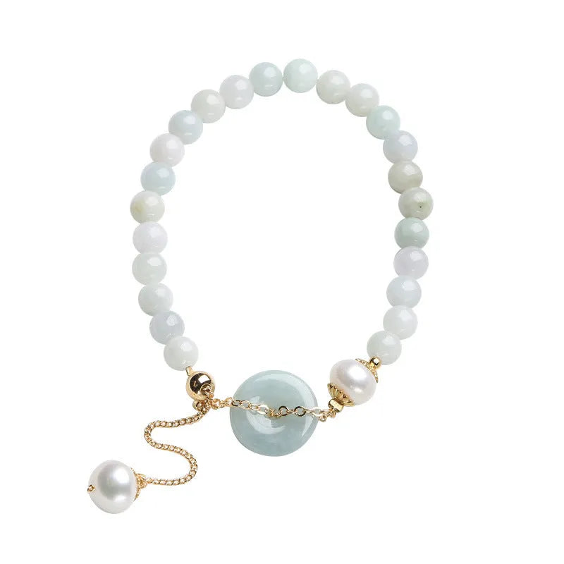 Emerald jade and pearl bracelet with peace symbol buckle on adjustable 20-22cm band