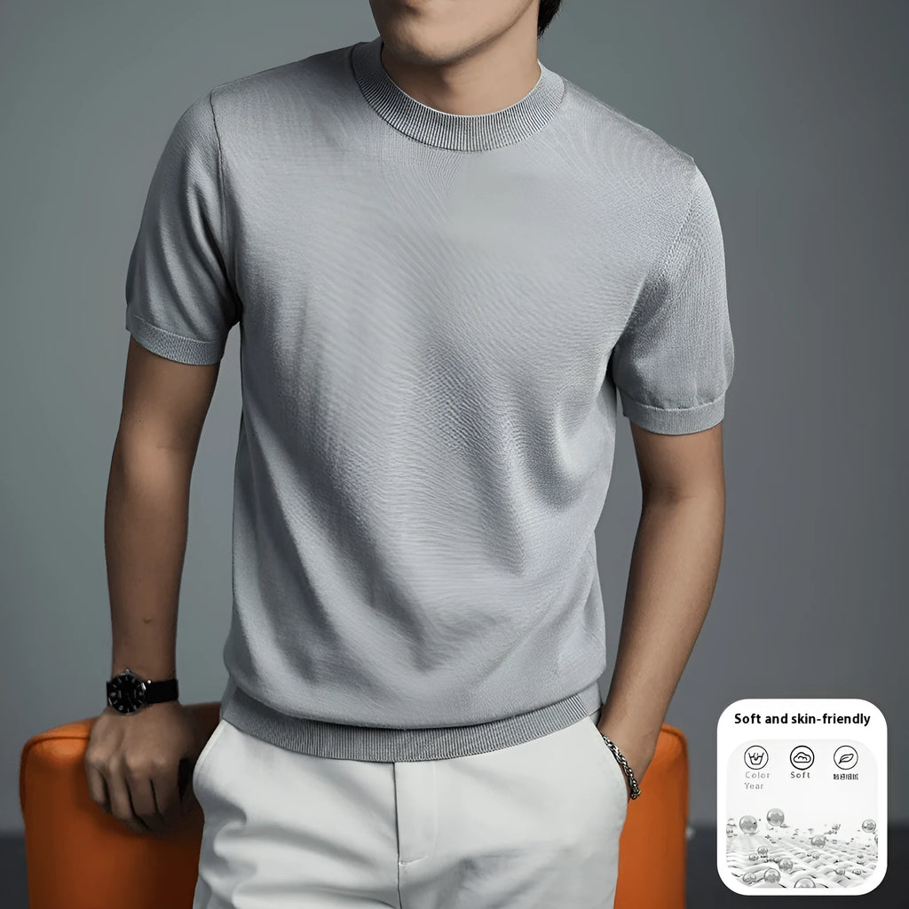 Men's knitted round neck T-shirt in a solid colour, showing short sleeves and non-iron finish.