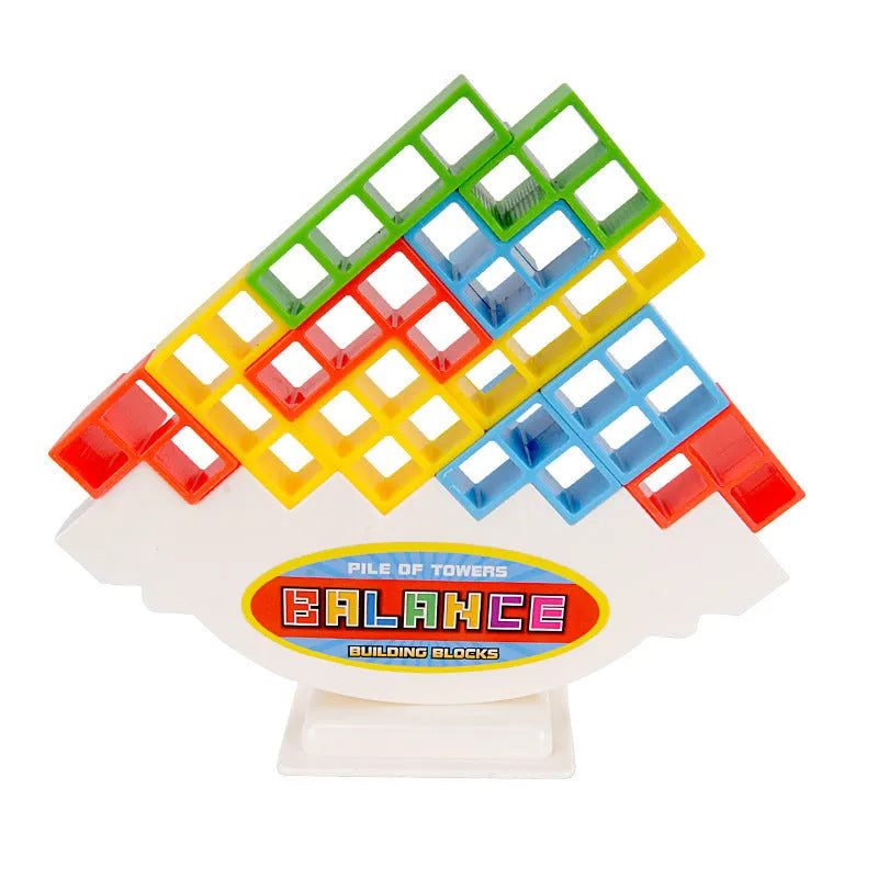 Colourful plastic balance stacking game with 16 blocks, chassis and base for family play