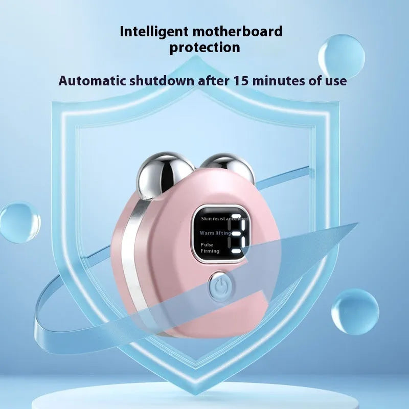 White portable facial massager with double rollers and micro current hot compress function.