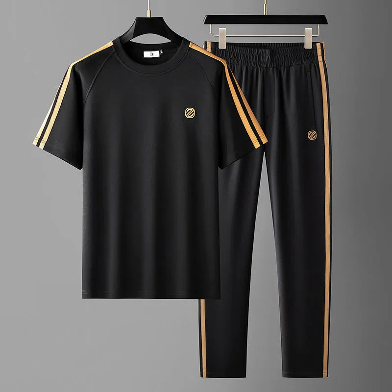 Men's ice silk style short sleeve suit set in blue colour with top and pants