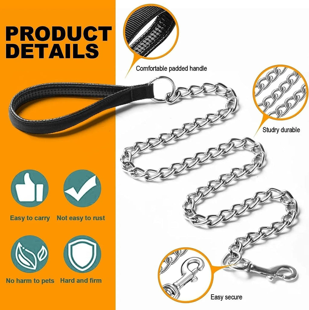 Heavy duty metal dog leash with soft black padded handle and silver chain, shown with a large dog collar clip.