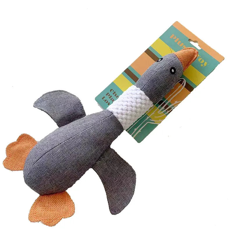 Blue green and grey durable duck plush dog toy with squeakers for chewing and play