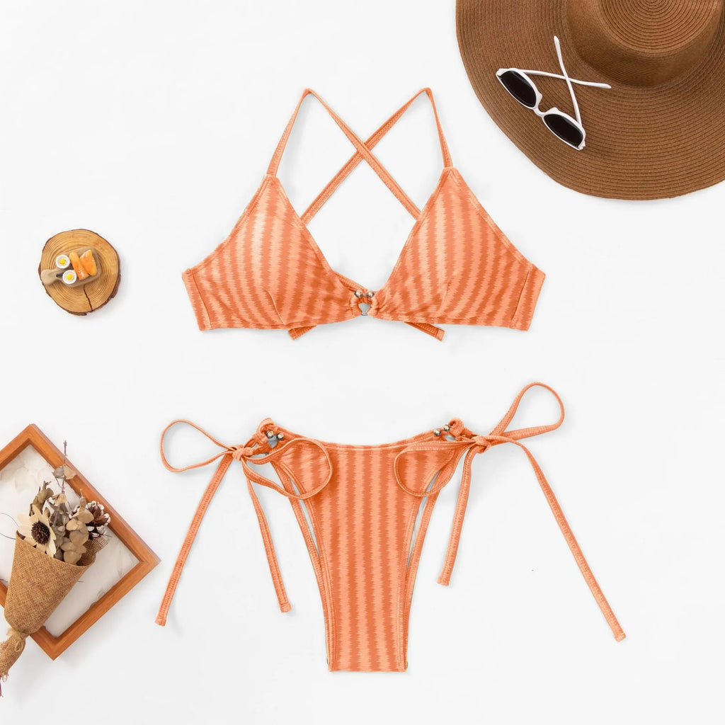 Women's jacquard lace-up bikini set in quick-drying nylon fabric available in four colours