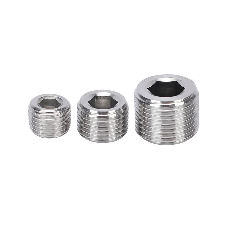 Stainless steel hexagonal head pipe plug for 3/8 series bulkhead fittings.