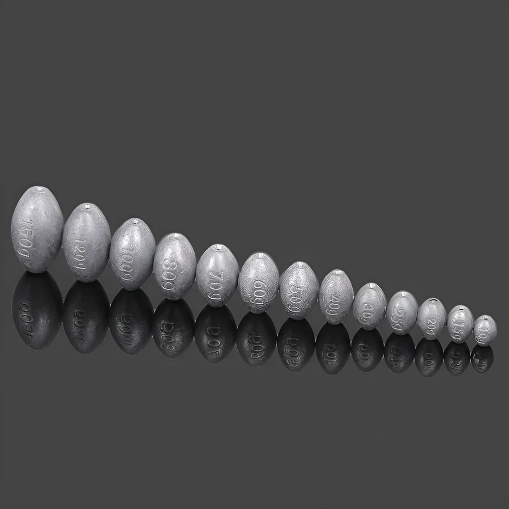 Tongxin olive lead fishing sinker with scale pattern in rugby shape, showing weights from 10g to 150g