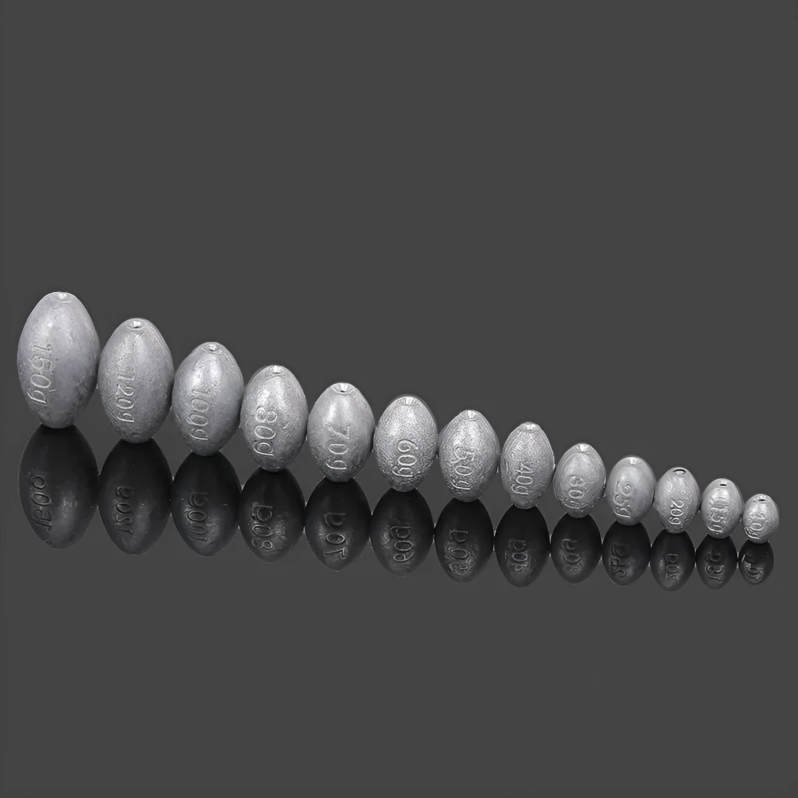 Tongxin olive lead fishing sinker with scale pattern in rugby shape, showing weights from 10g to 150g