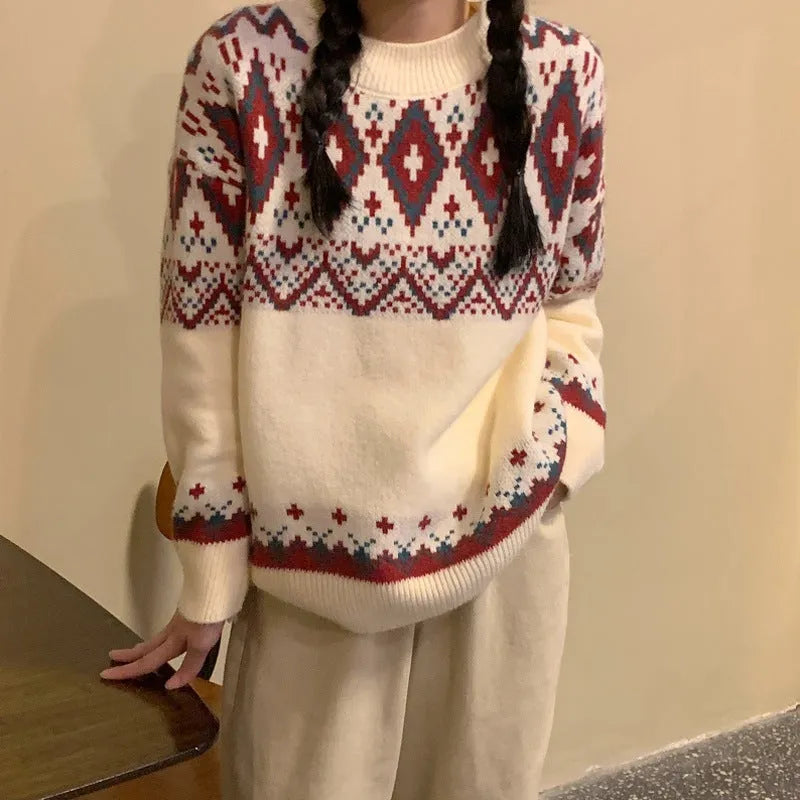 Loose retro stripe pullover knitted top in red or white colour