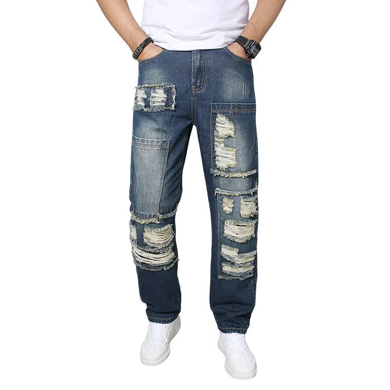 Men's straight wrinkle-resistant loose casual cotton jeans in blue colour, mid waist zip fly