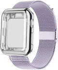 Magnetic metal Milanese loop band for Apple Watch with protective case, shown in silver colour.