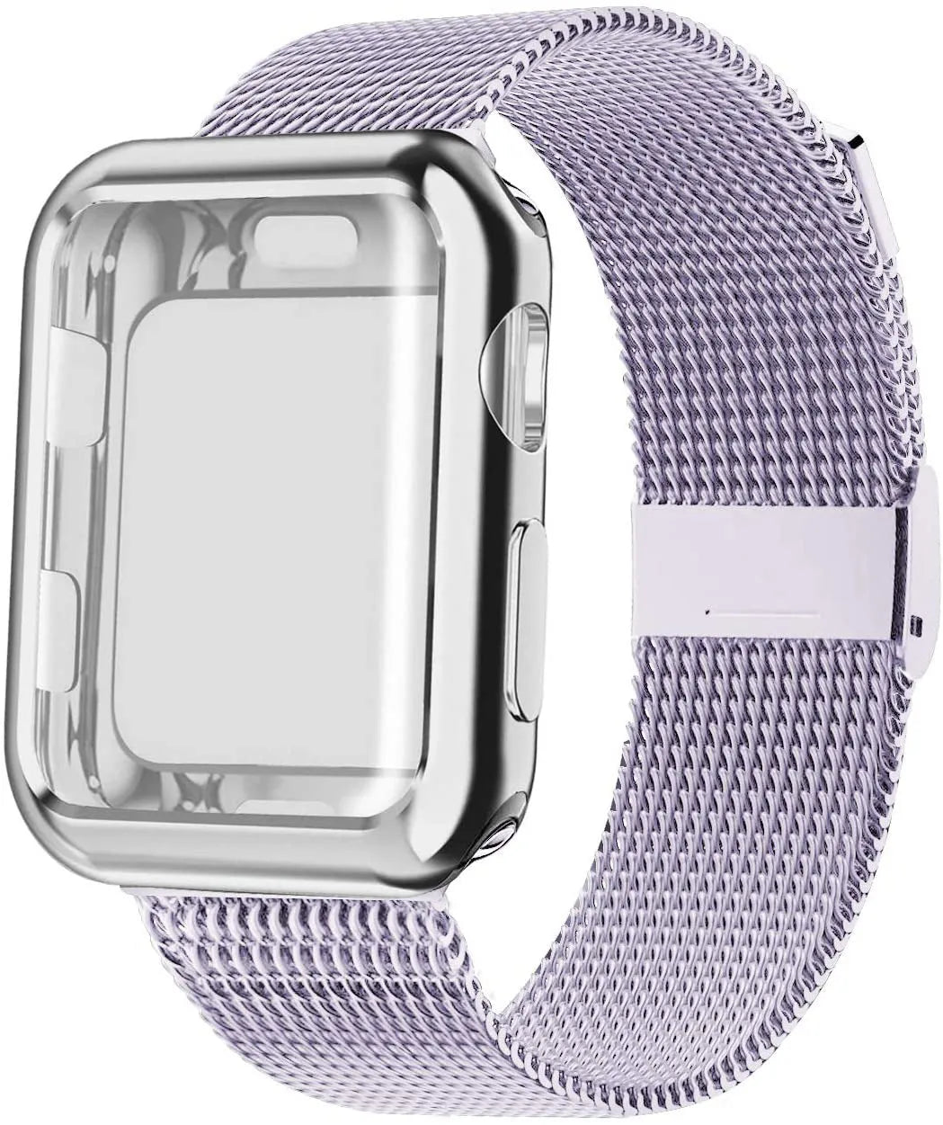 Magnetic metal Milanese loop band for Apple Watch with protective case, shown in silver colour.