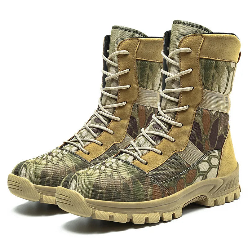 Plus size men's high-top Martin boots in black and camouflage with mesh upper and totem detailing