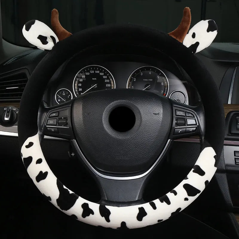 Short plush car steering wheel cover in black, 38cm diameter
