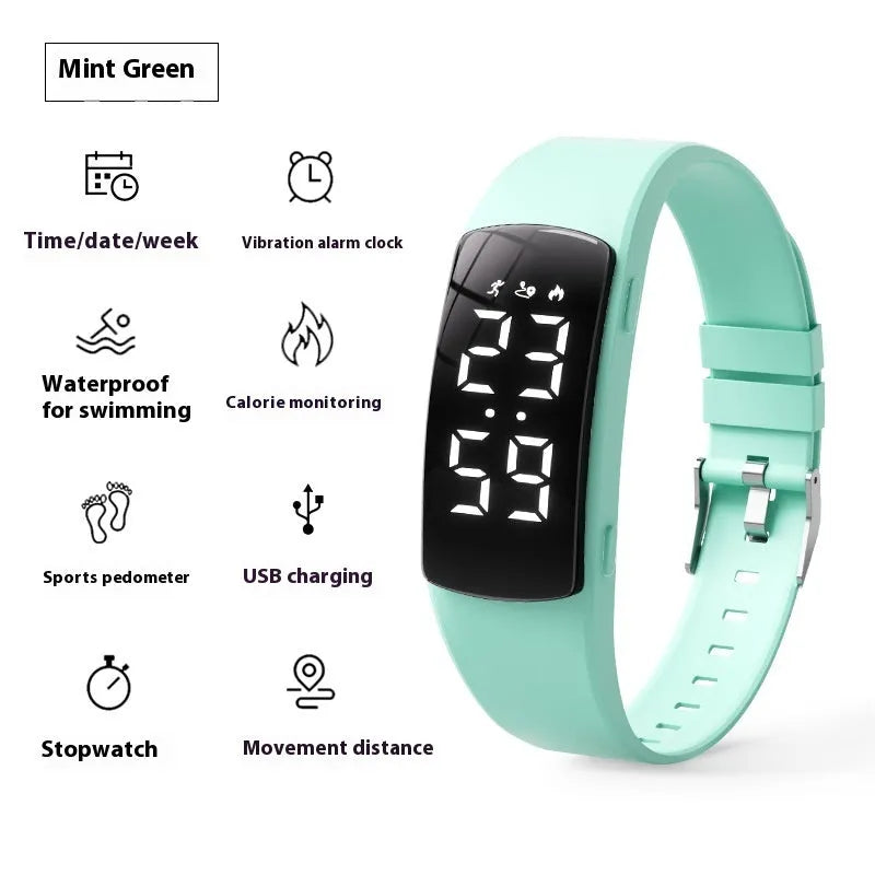 Vibration alarm waterproof electronic watch with coloured silicone strap and LED display.