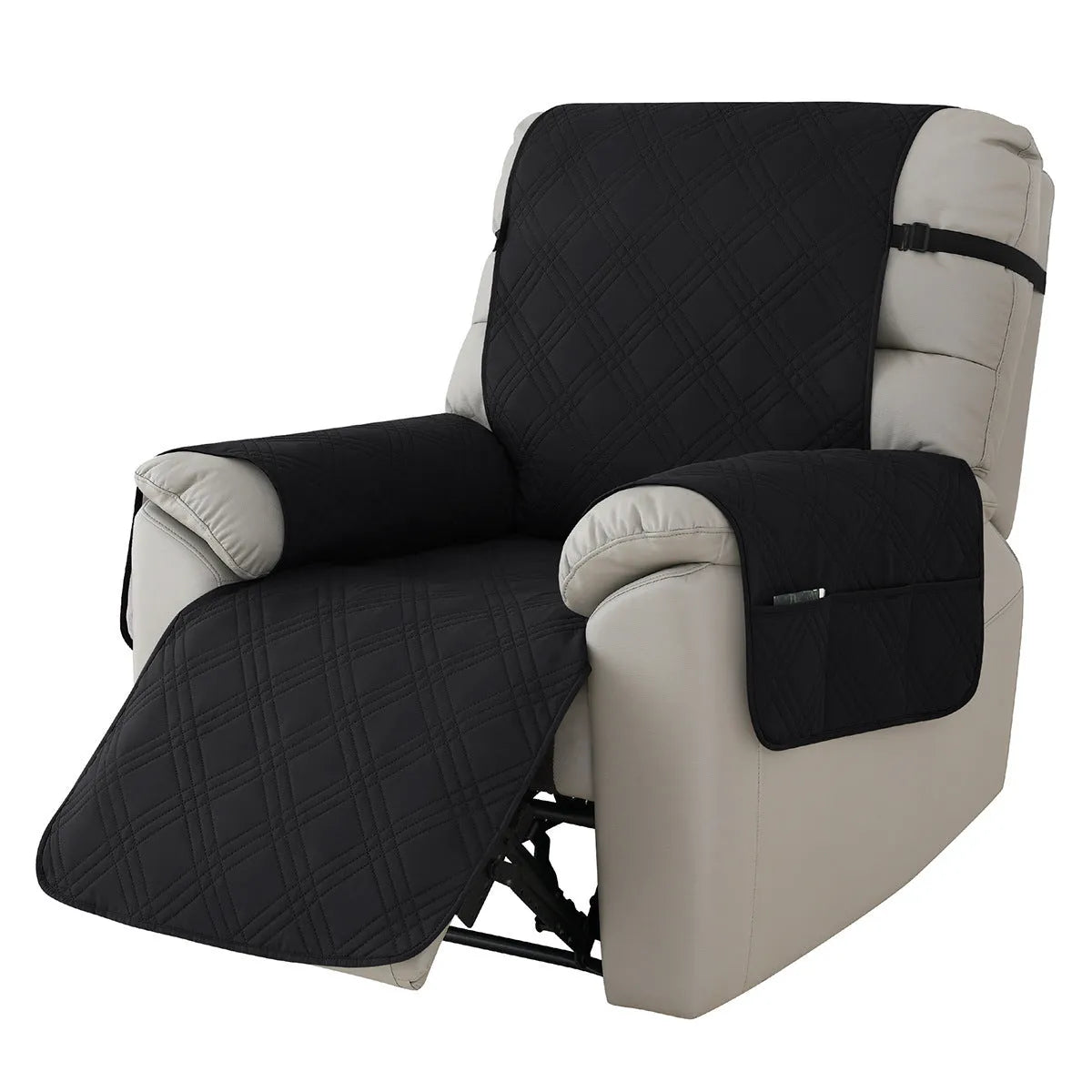 Quilted three-line sofa cover for a Chivas massage chair in peacock blue, showing stretch fit and textured pattern.