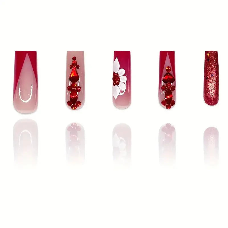 Sweet Flowers pattern false nails with prismatic red diamonds in European Square long style with nail glue and file