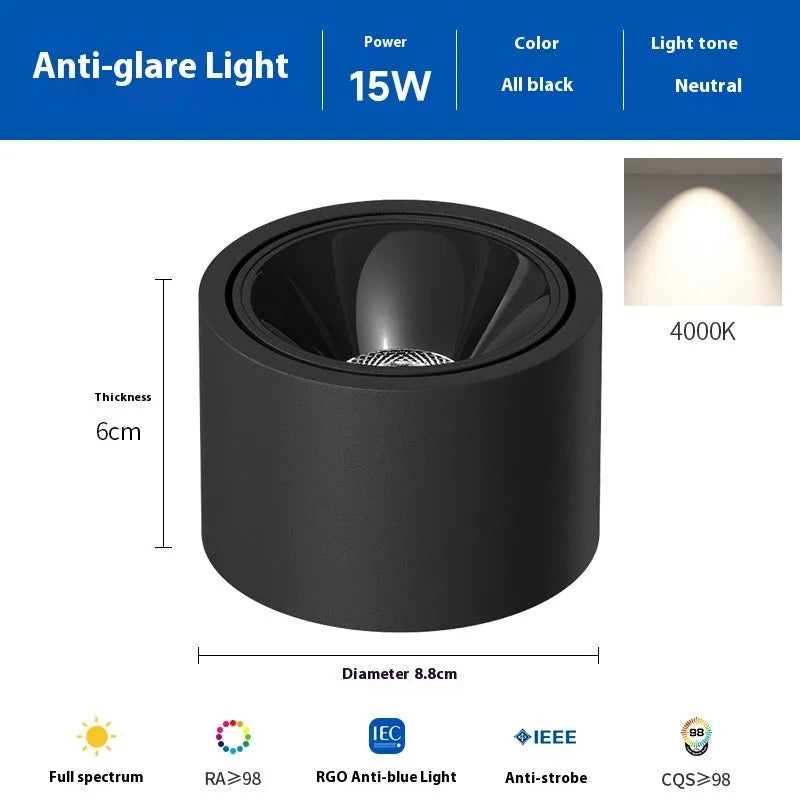 Ultra-thin surface mounted adjustable angle ceiling light aluminium 12W 15W black white finish