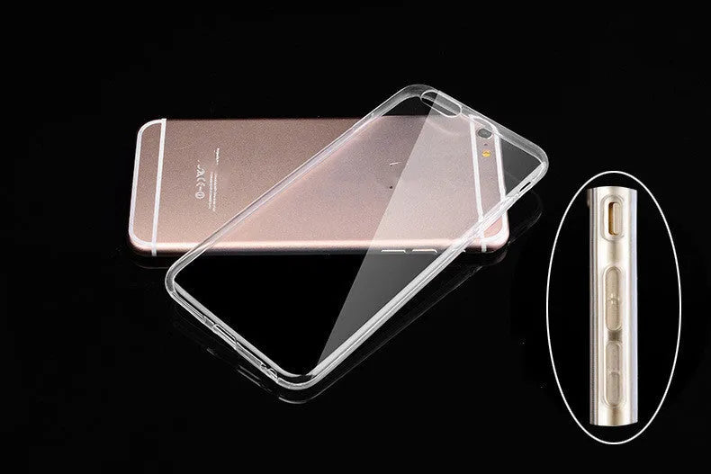 Transparent TPU phone case for iPhone showing clear back and side cutouts