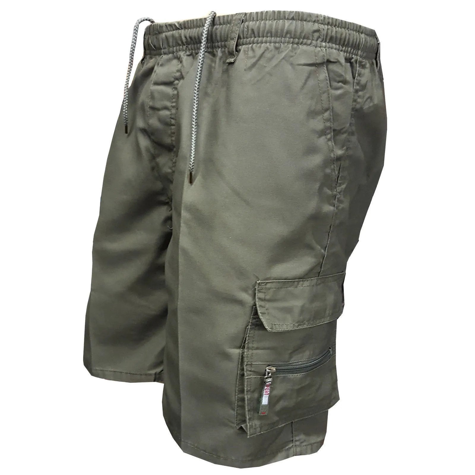 Men's khaki cotton casual shorts with multiple pockets and a drawstring waistband.