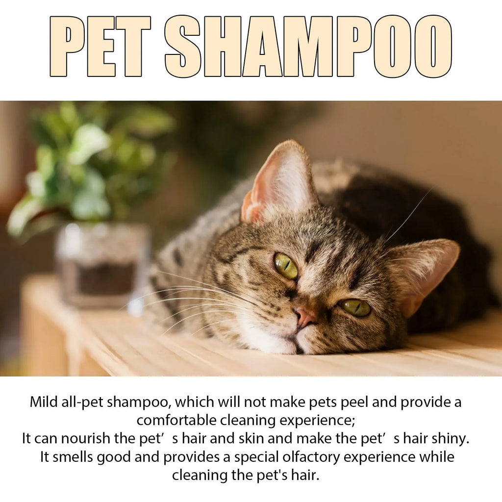 Mild pet shampoo bottle for dogs and cats in 100ml and 300ml sizes