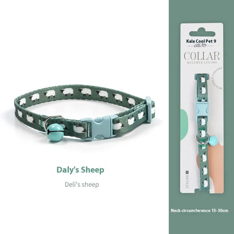Woven polyester cat collar with anti-suffocation safety buckle and bell in green jungle colour grid pattern