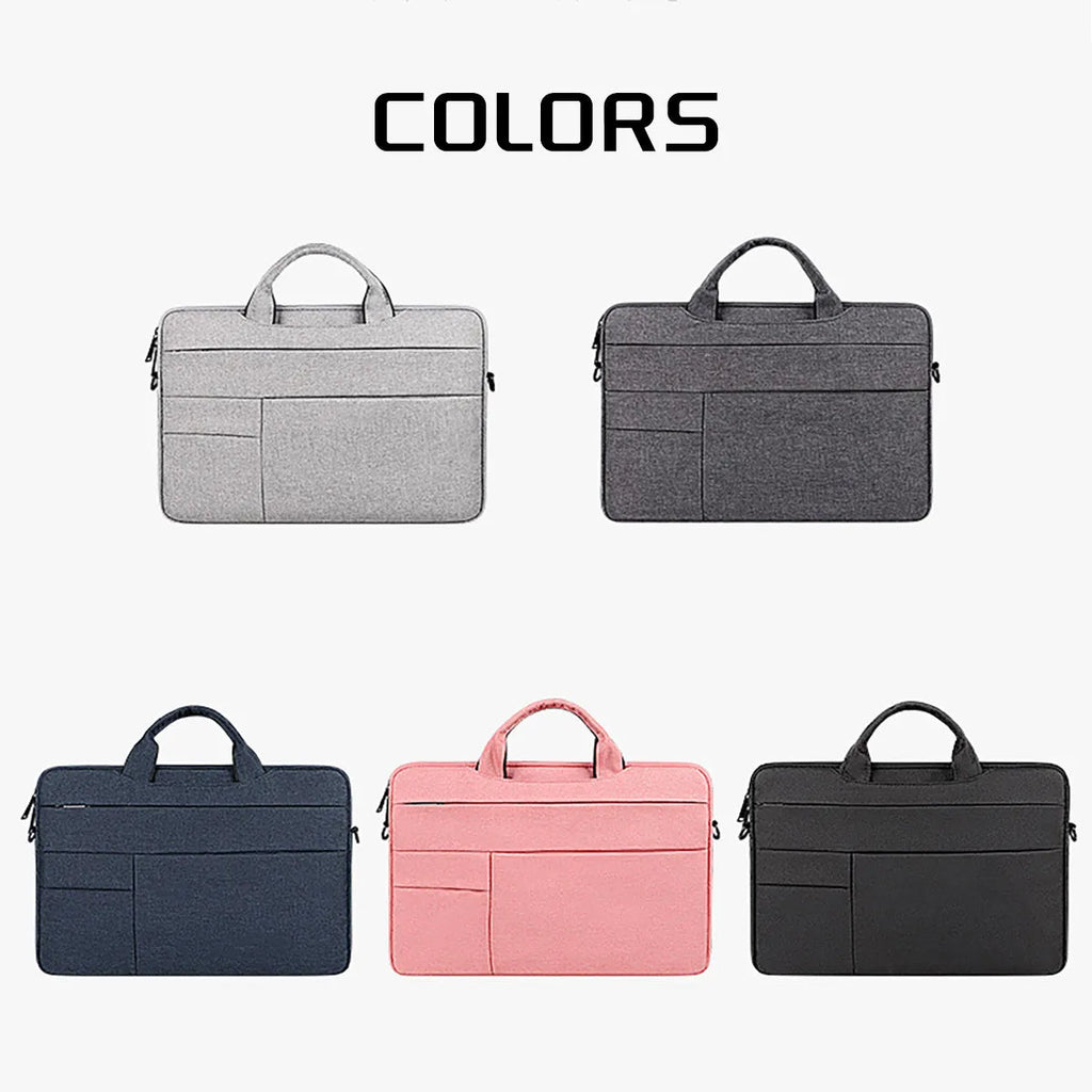 Water-repellent laptop carrying case in Black, with luggage strap and shoulder strap, for 13.3 to 15.6 inch laptops.