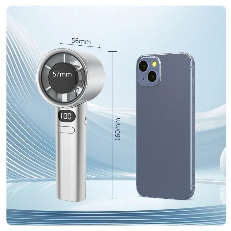 Handheld personal fan showing variable speed control, USB charging port, and plastic blades in one of four colour options