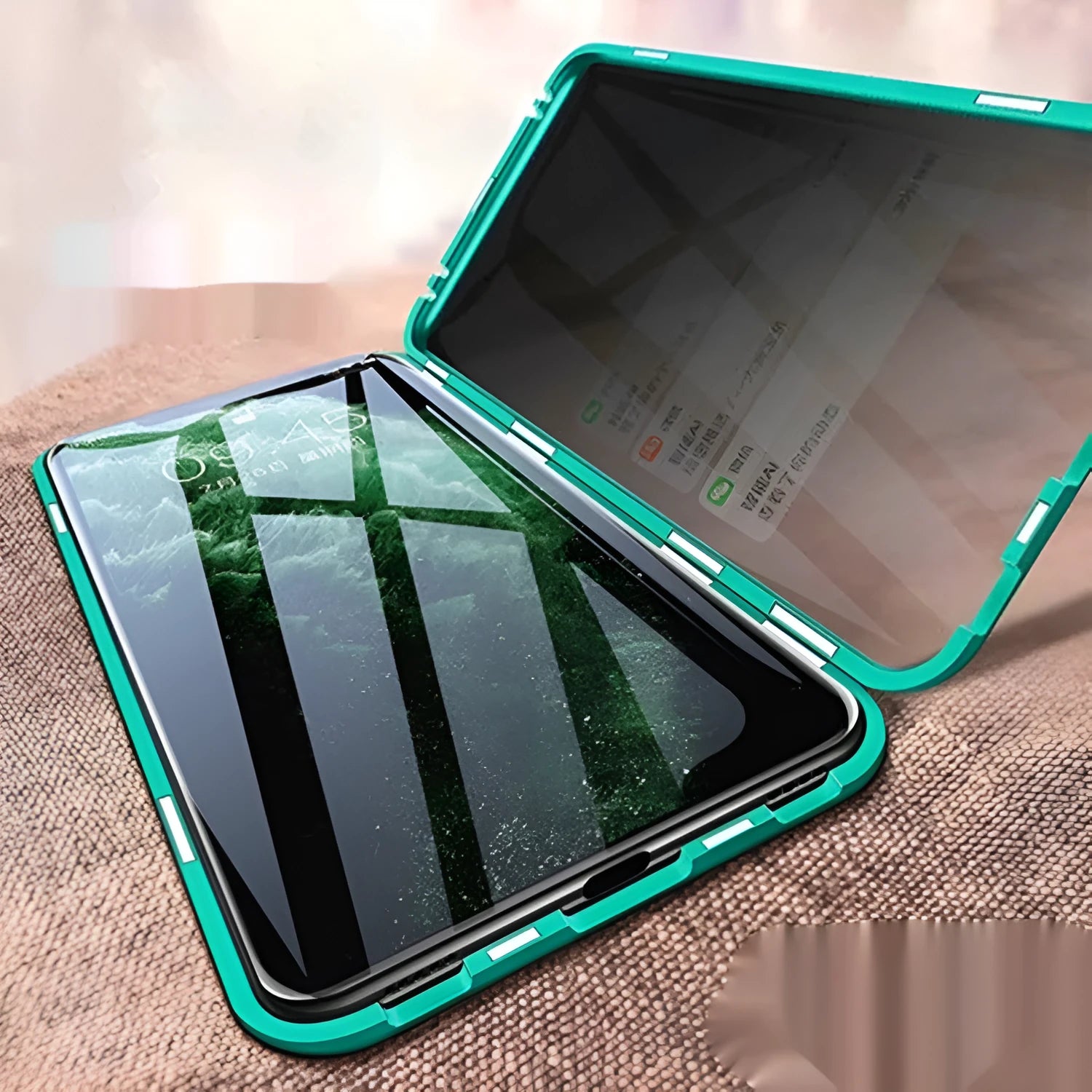 Magnetic aluminium alloy and glass back cover case for iPhone 16, available in different transparent colors with anti-peep screen