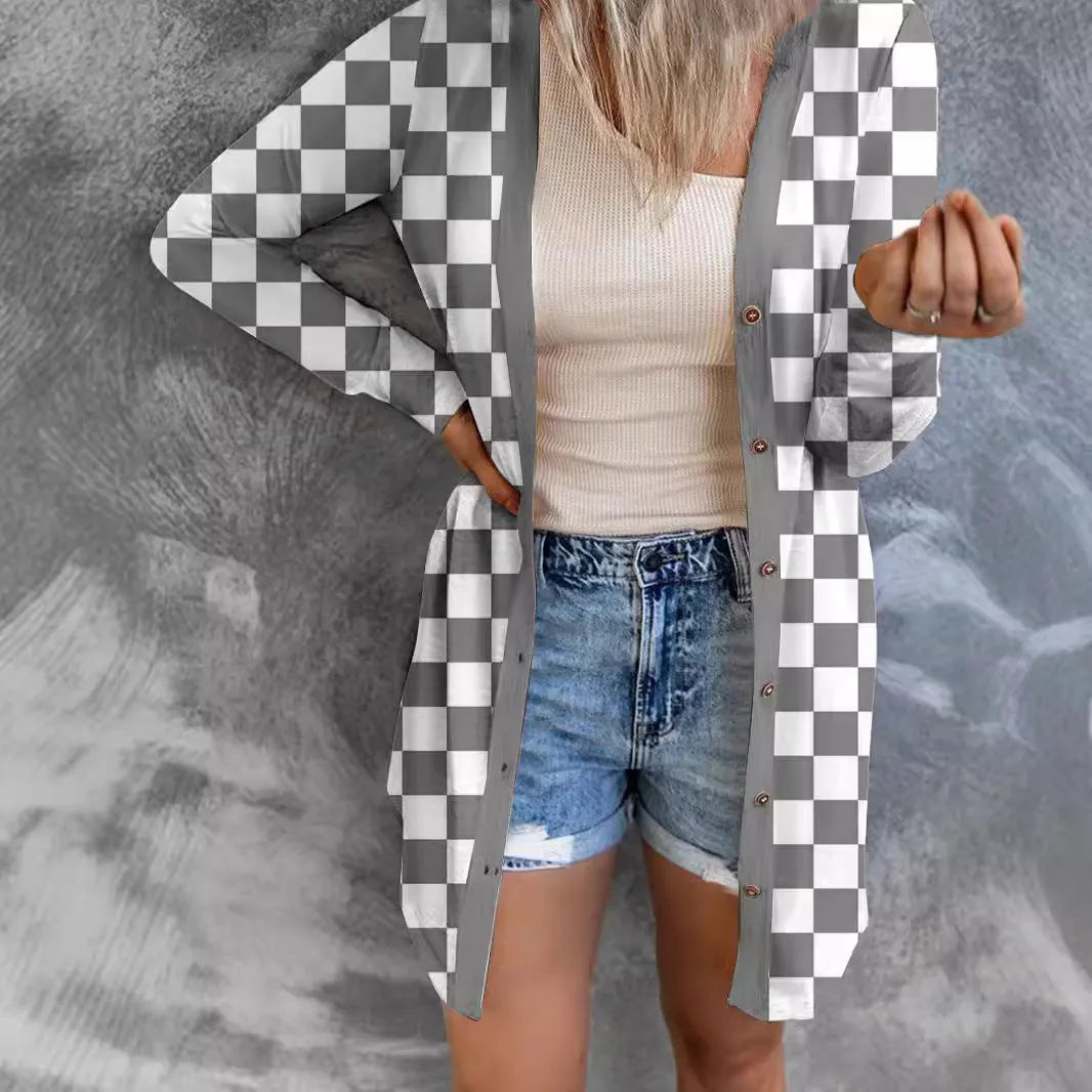 Women's long grey plaid loose fit cardigan coat with regular sleeves for street fashion.