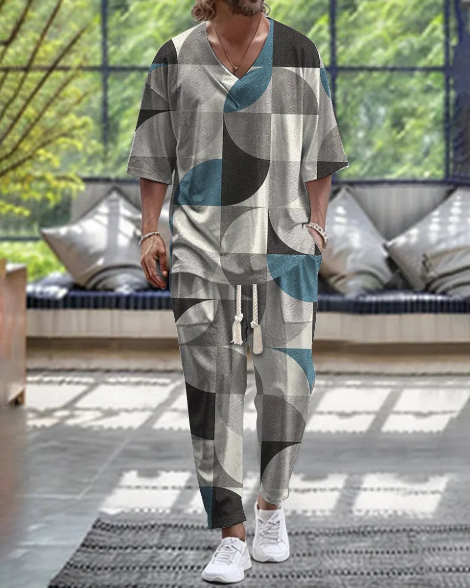 Women's grey polyester trousers suit with a V-neck cropped sleeve jacket