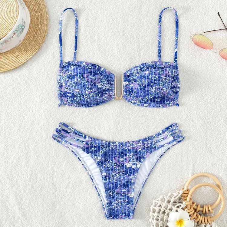 Women's high-waist floral bikini swimsuit set in solid colour with nylon lining