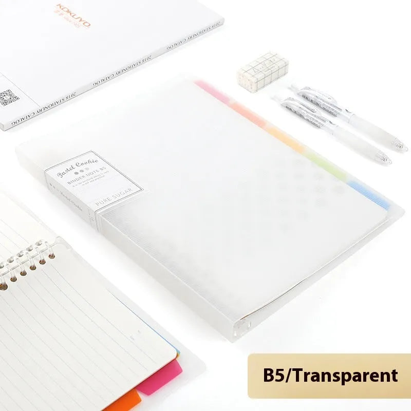 Refillable loose spiral notebook with PP cover in pastel cookie design, A5 and B5 size options shown