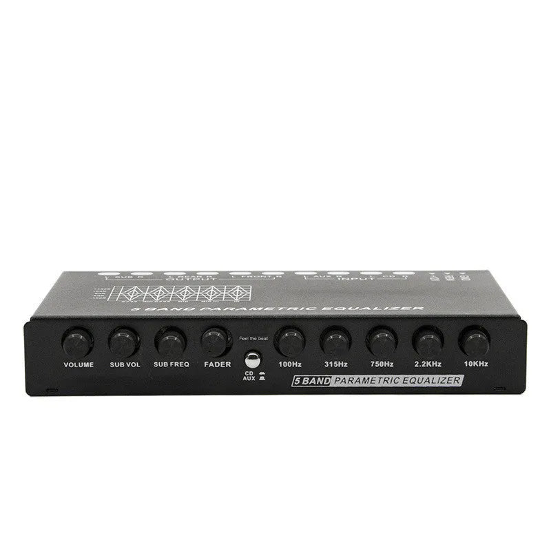 Black car audio EQ equaliser unit with control panel for frequency adjustment and subwoofer management