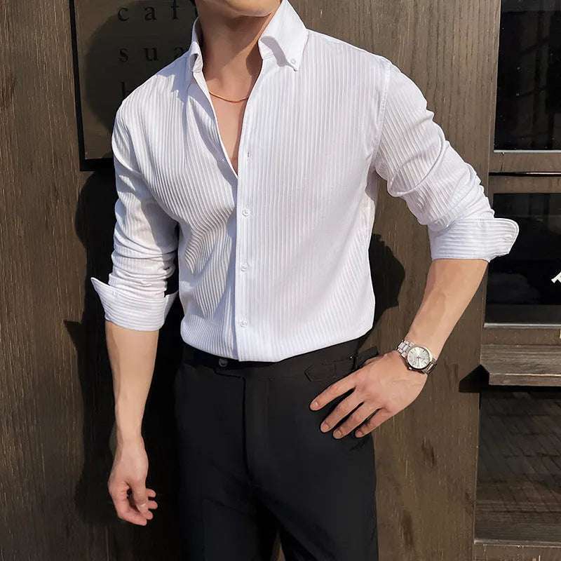 Man wearing a striped V-neck long sleeve casual shirt in a choice of colours.