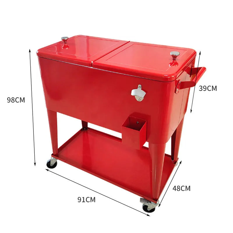 Red outdoor metal insulated trolley cooler with wheels and a 750ml capacity.