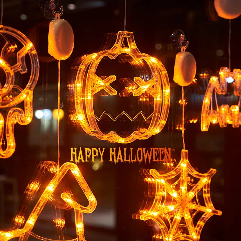 Halloween LED window hanging lights showing 7 horror characters including spider, pumpkin and ghost designs