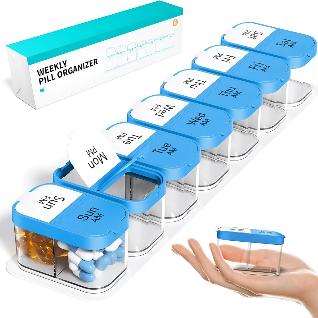 Amazon pill box with 14 removable compartments in white colour showing 1L capacity and portable design