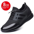 Men's black genuine leather casual shoes with a chunky rubber sole for height increase.