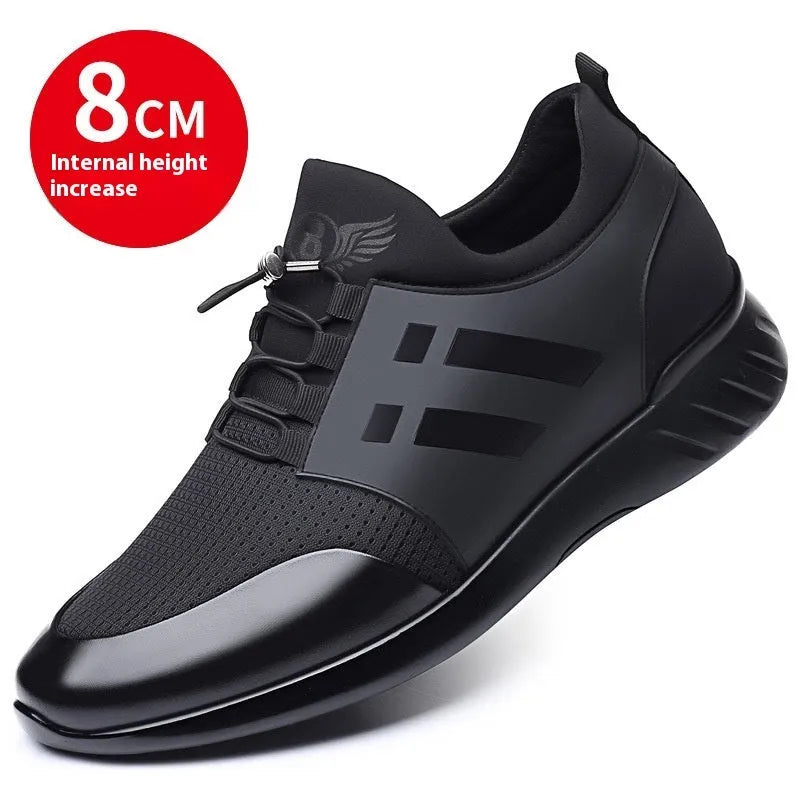 Men's black genuine leather casual shoes with a chunky rubber sole for height increase.